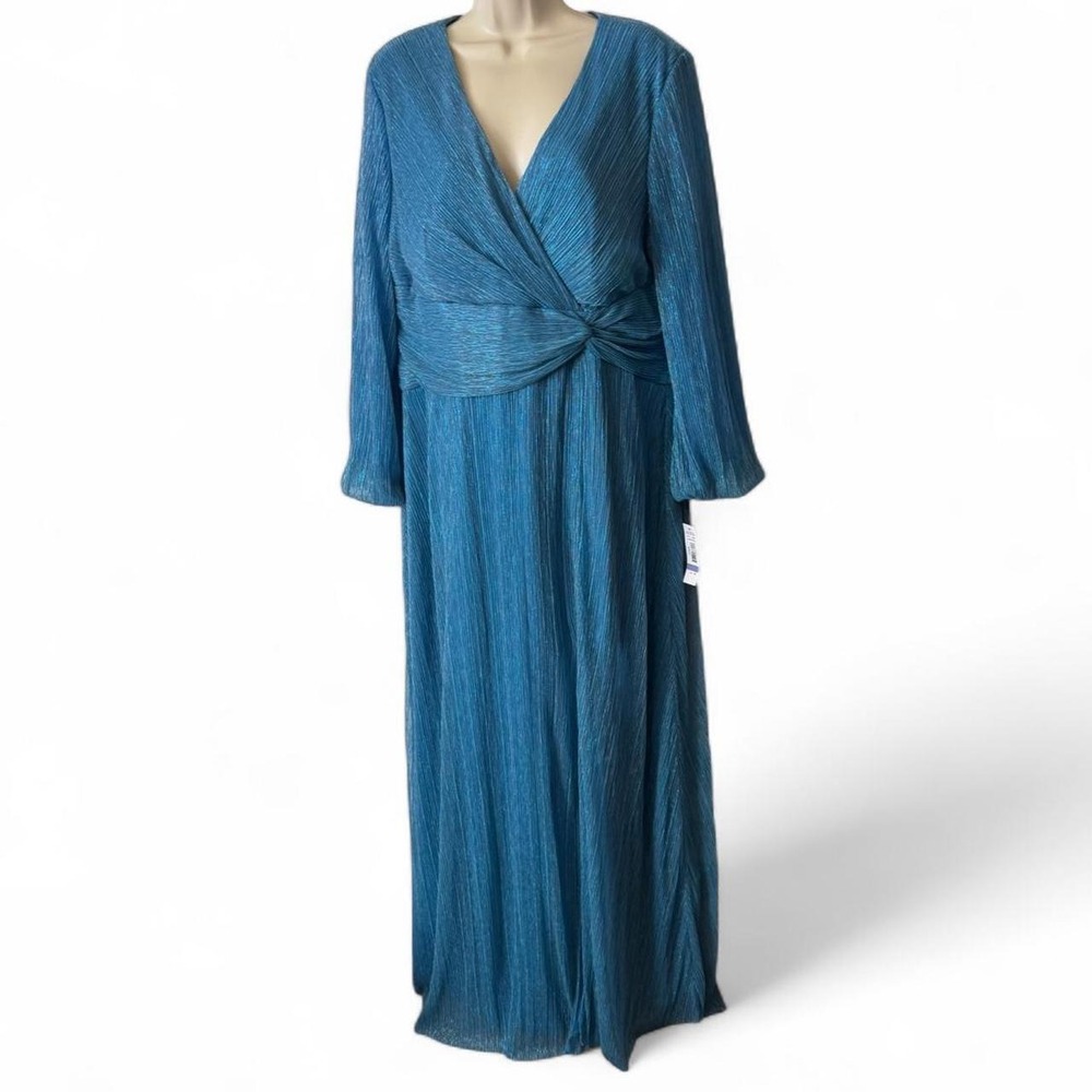 R & M Richard's Blue Shimmer Pleated Metallic Gown, Women's Size 18